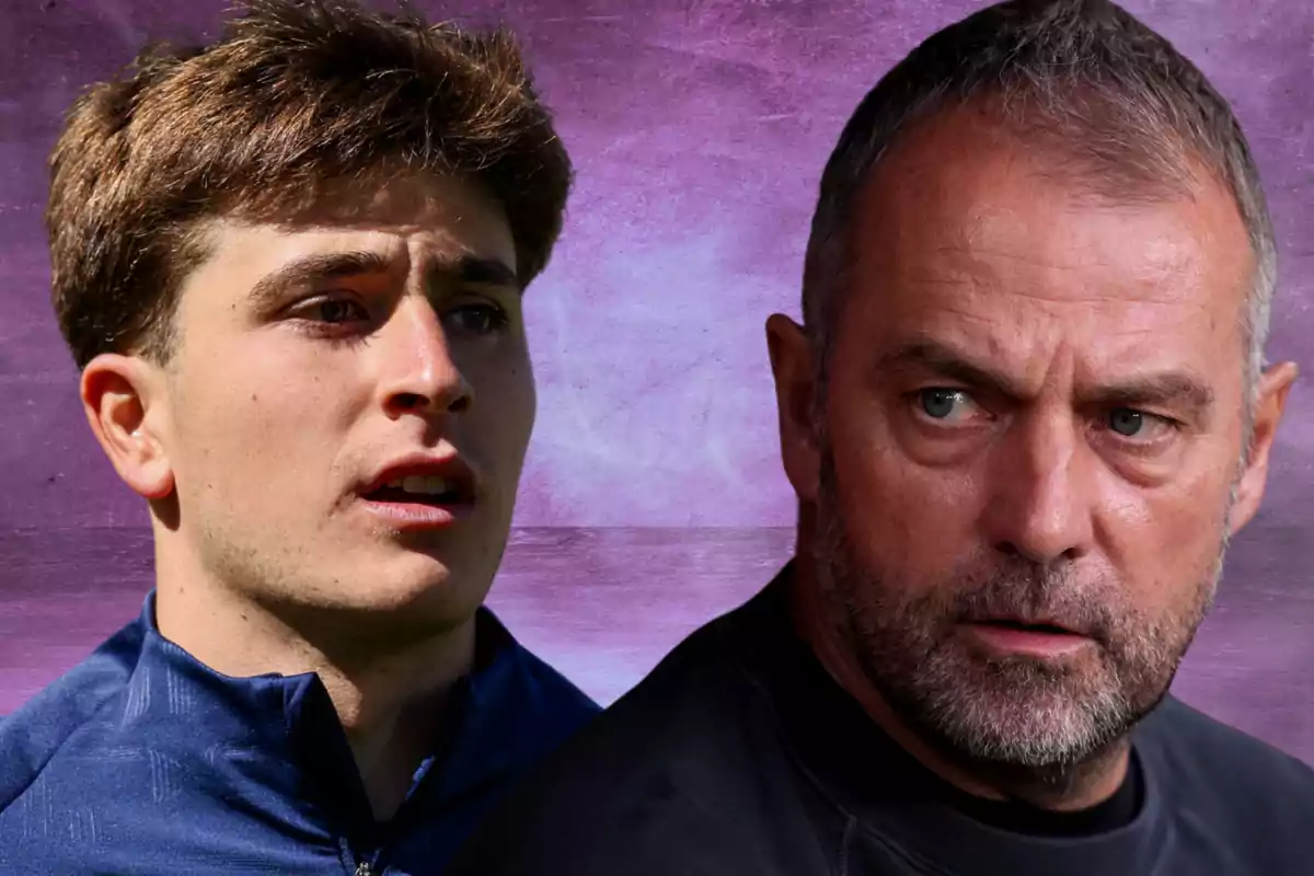 Two men looking in different directions with a blurred purple background