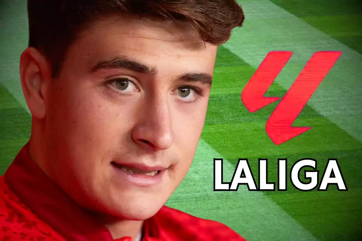 A man in a red jersey appears next to the LaLiga logo on a green background. A man in a red jersey appears next to the LaLiga logo on a green background.
