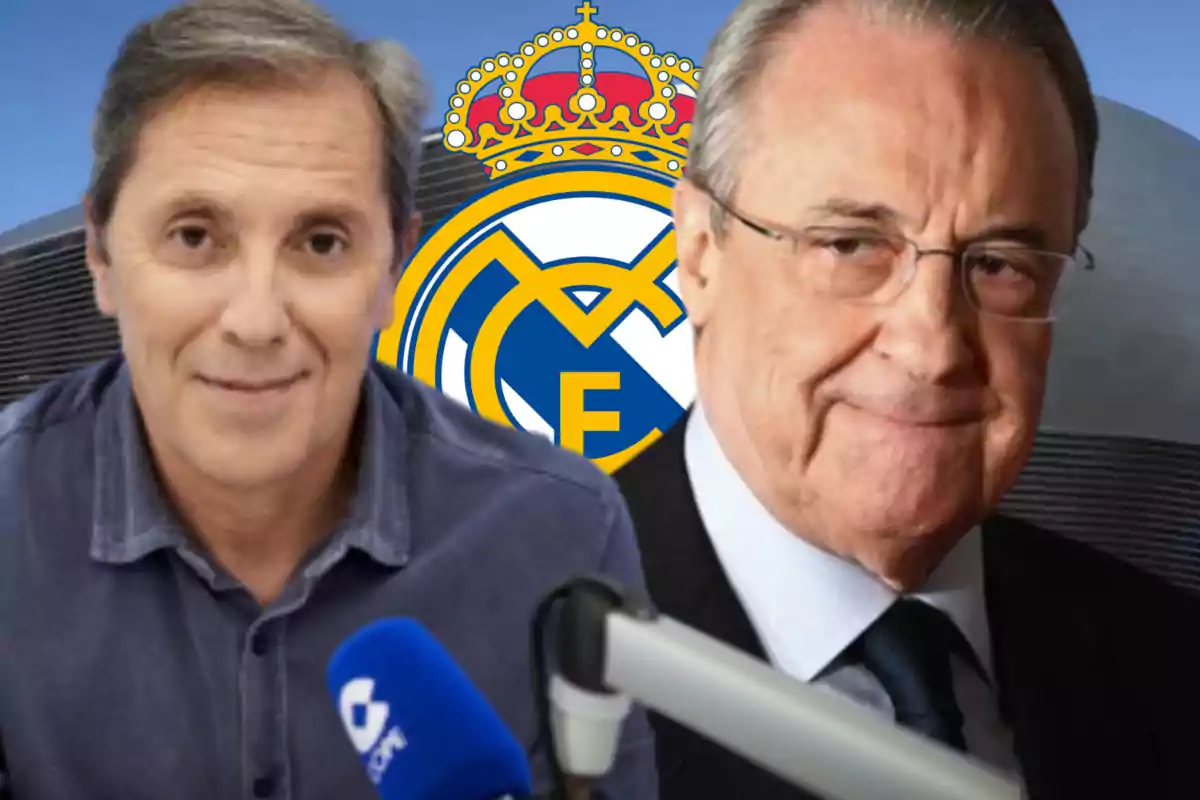 Two men in front of the Real Madrid logo with a COPE microphone in the foreground.