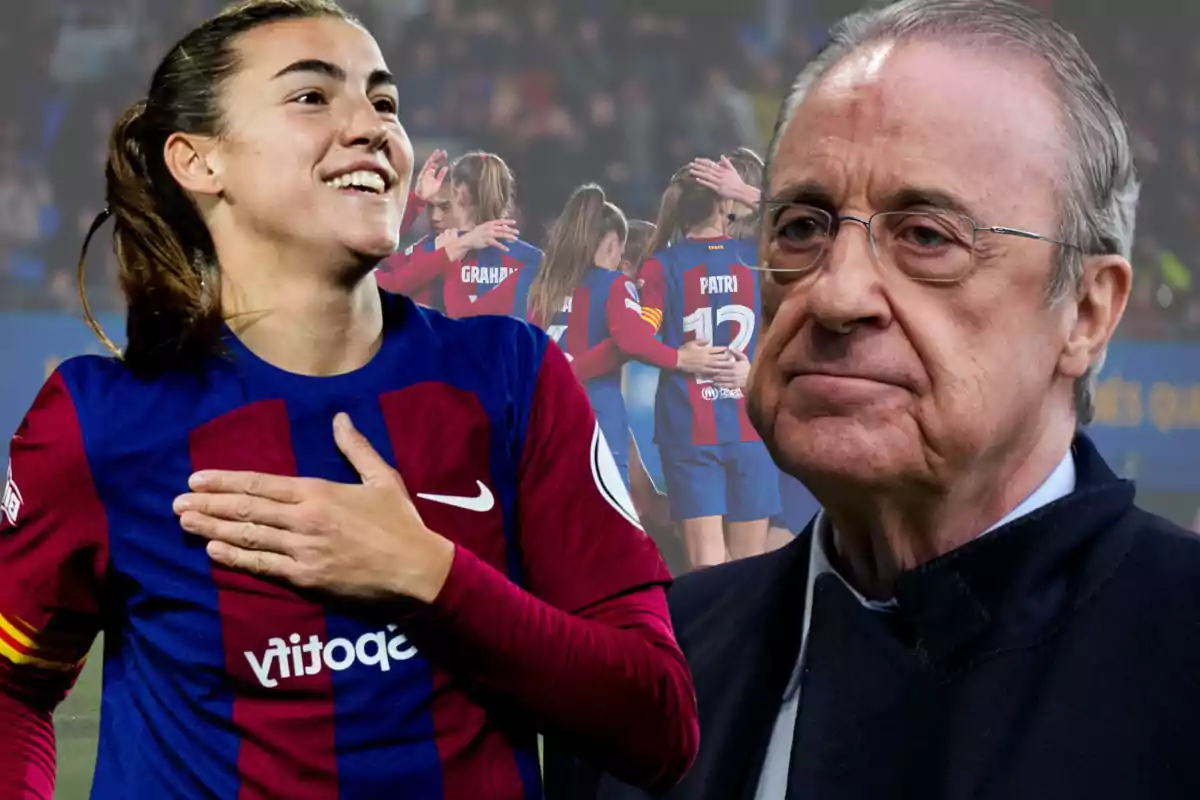 Una jugadora de fútbol sonriente con el uniforme del FC Barcelona y un hombre mayor con expresión seria, con un grupo de jugadoras celebrando en el fondo.