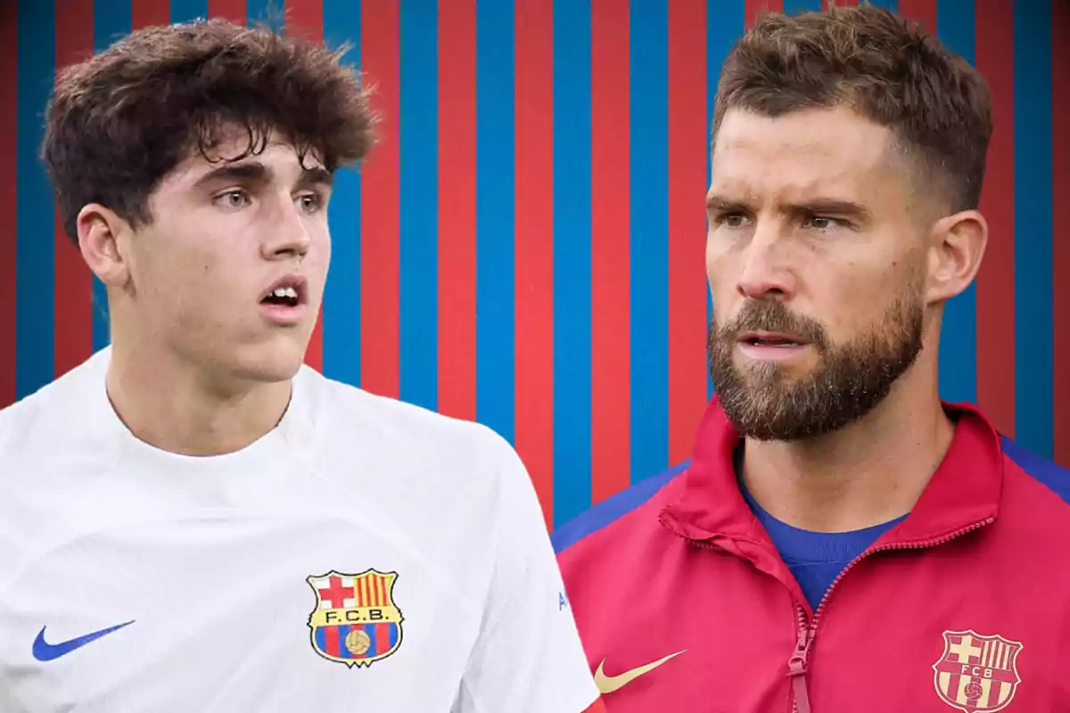 Two men wearing F.C. Barcelona clothing, one in a white t-jersey and the other in a red jacket, on a blue and red striped background.