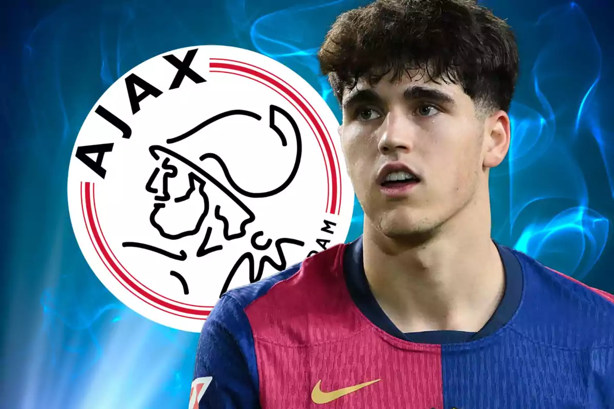 A player in a blue and red jersey appears in front of the Ajax logo on a blue background.