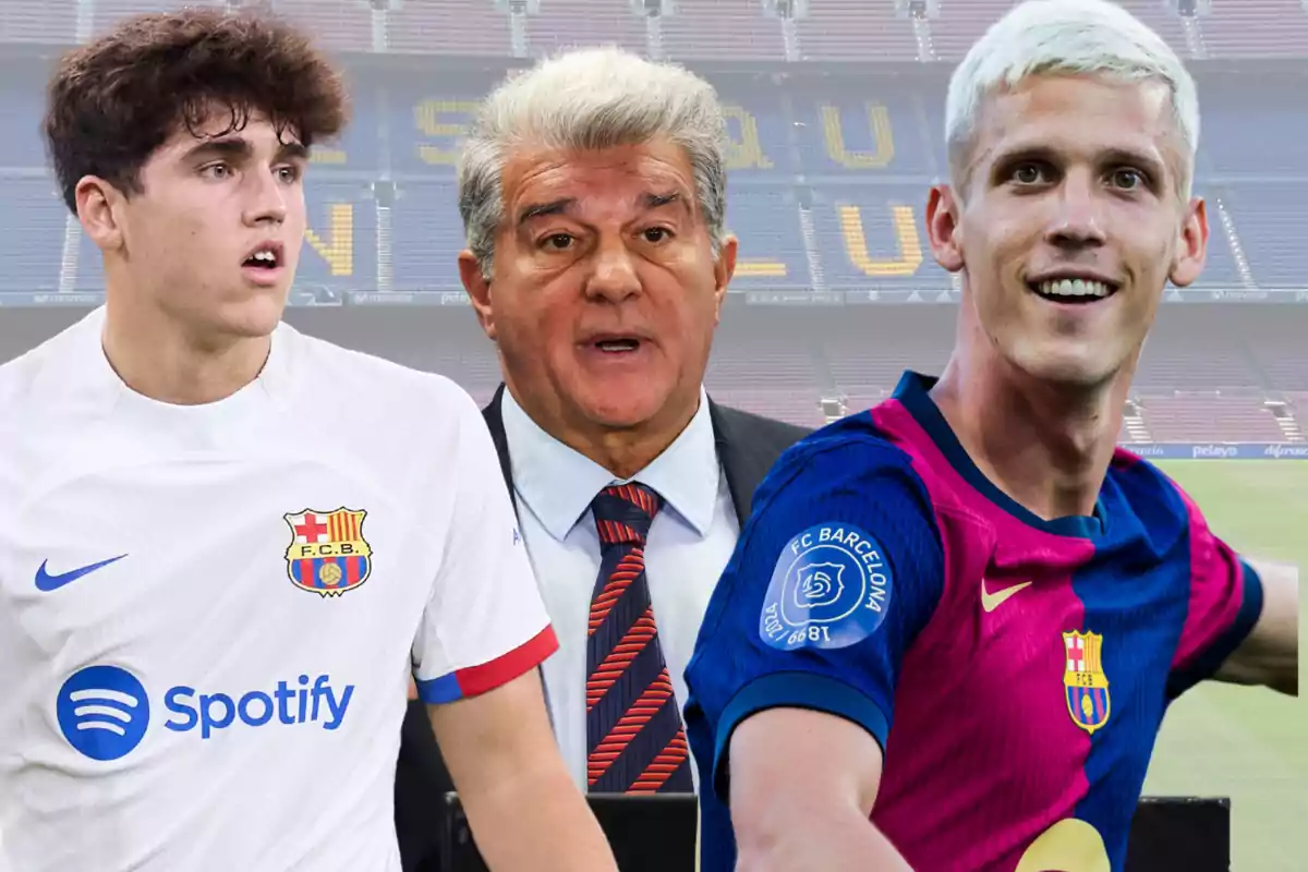 Three people pose in front of a soccer stadium, two of them wearing FC Barcelona jerseys.