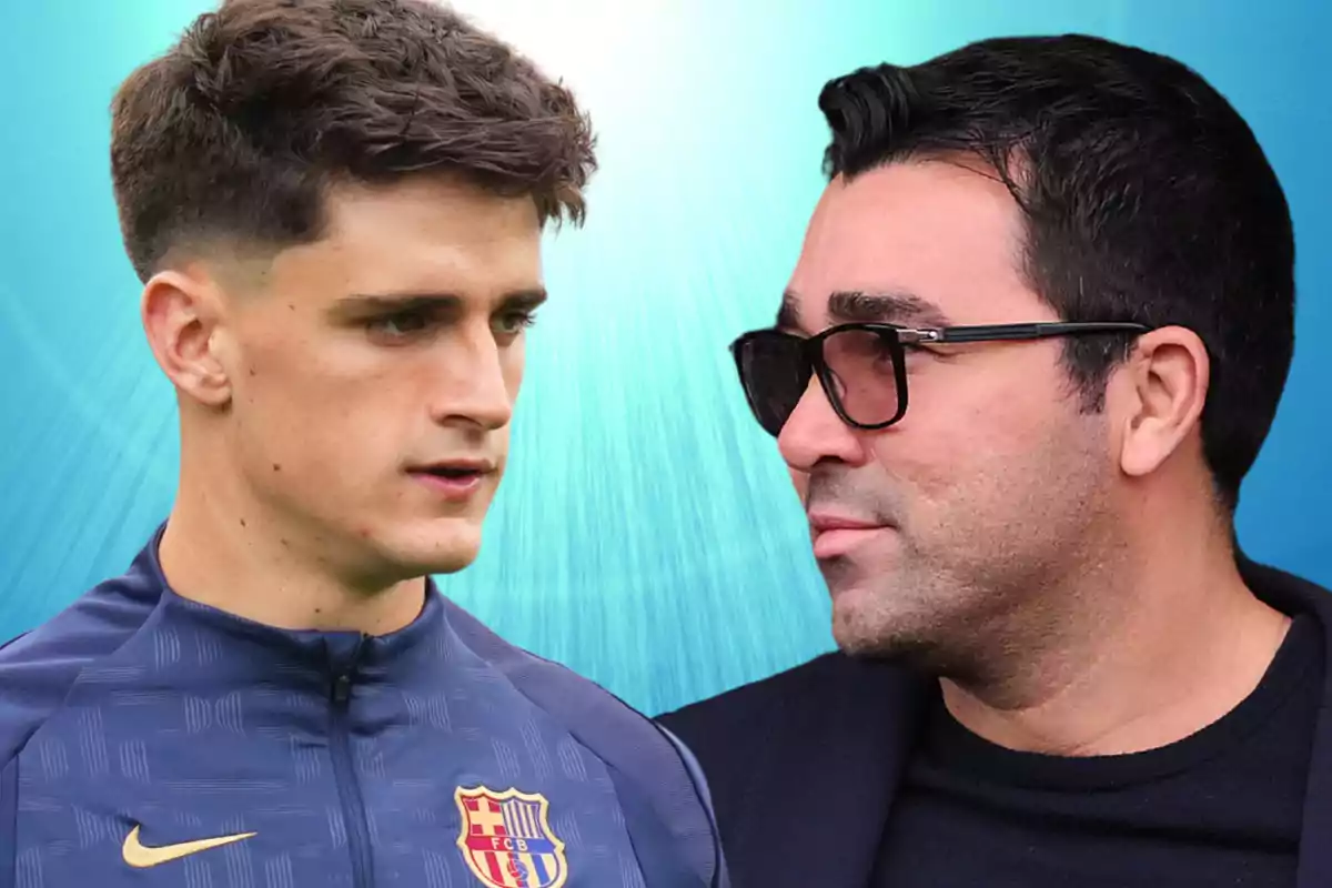 Dos hombres mirándose con fondo azul, uno lleva una chaqueta deportiva del FC Barcelona y el otro gafas de sol.