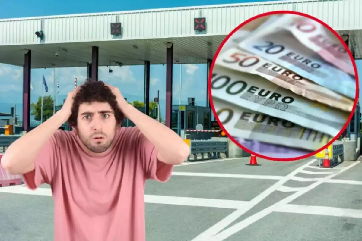 Montaje de un peaje, un hombre asustado y billetes de euro Montaje de un peaje, un hombre asustado y billetes de euro
