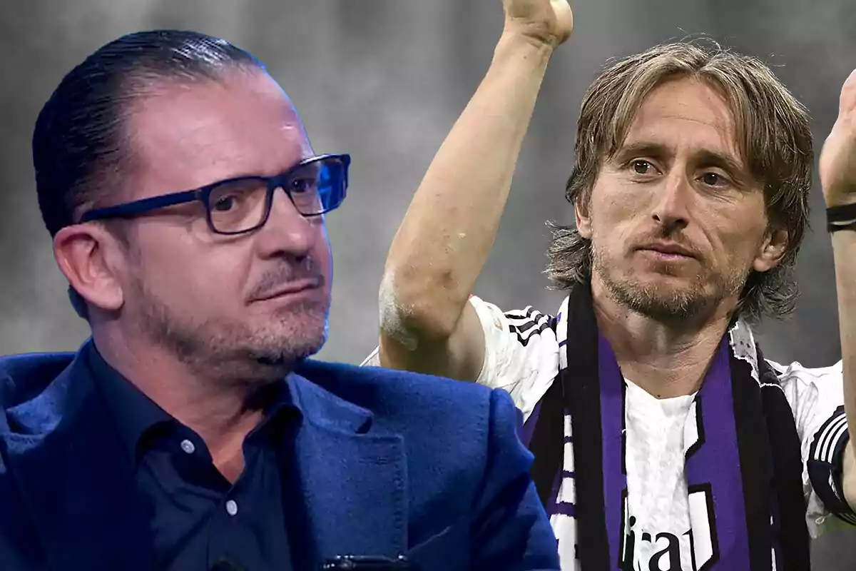 Dos hombres, uno con gafas y chaqueta azul y otro con camiseta deportiva blanca y bufanda, en un montaje fotográfico con fondo gris.