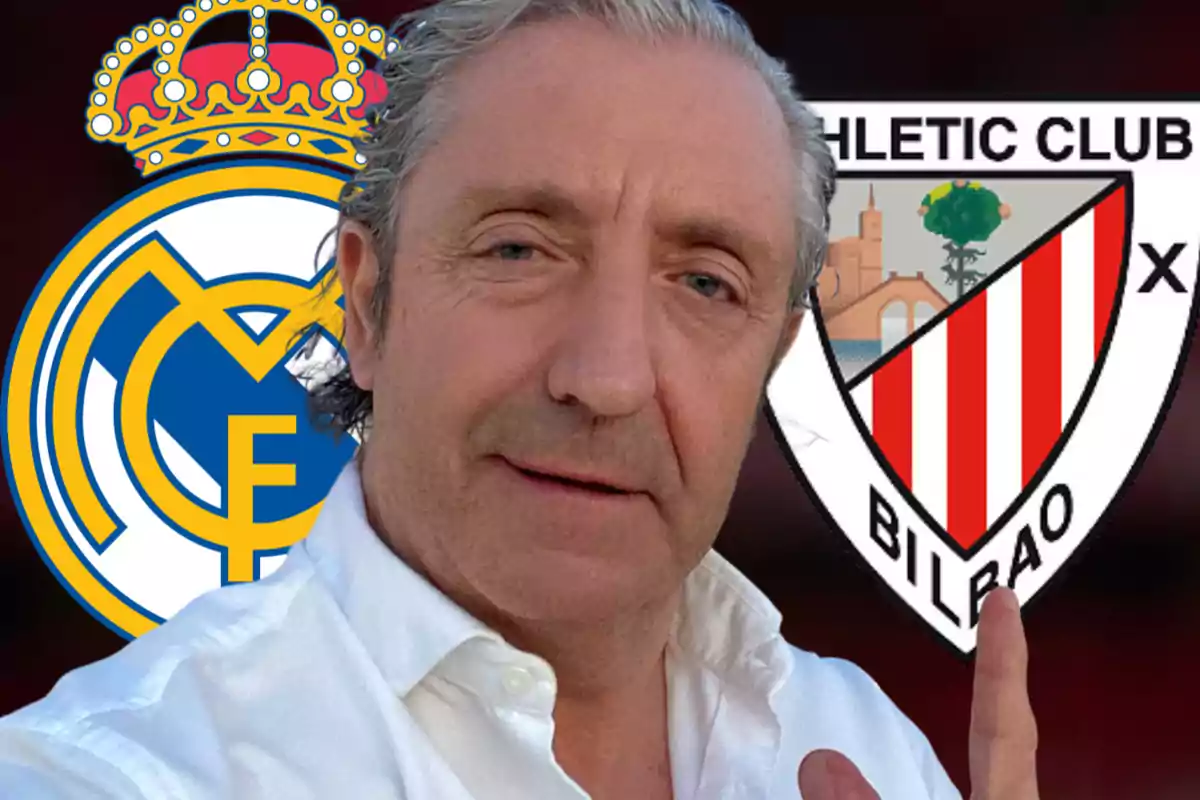 Hombre con camisa blanca frente a los escudos del Real Madrid y el Athletic Club de Bilbao.