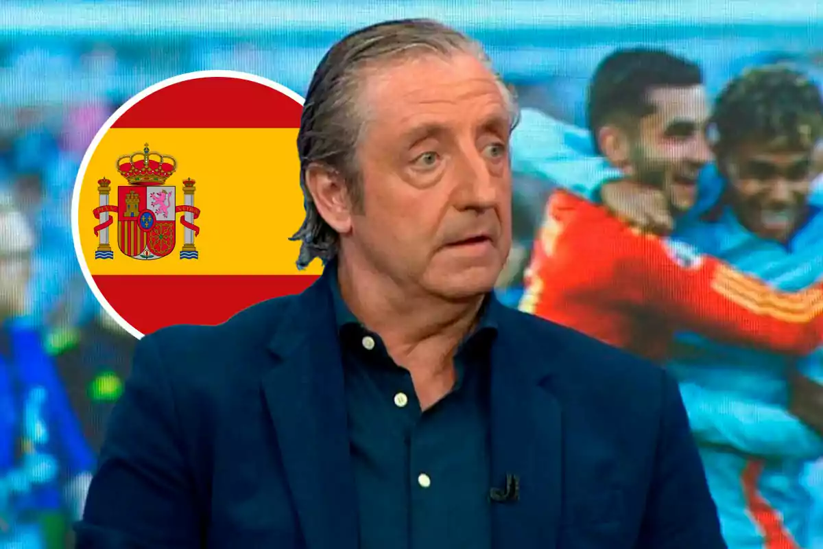 Josep Pedrerol en El Chiringuito con la bandera de España y jugadores de fútbol celebrando en el fondo.