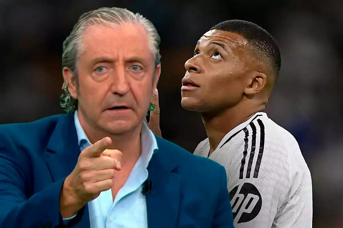 Pedrerol señalando con el dedo, Mbappé por detrás señala y mira al cielo.