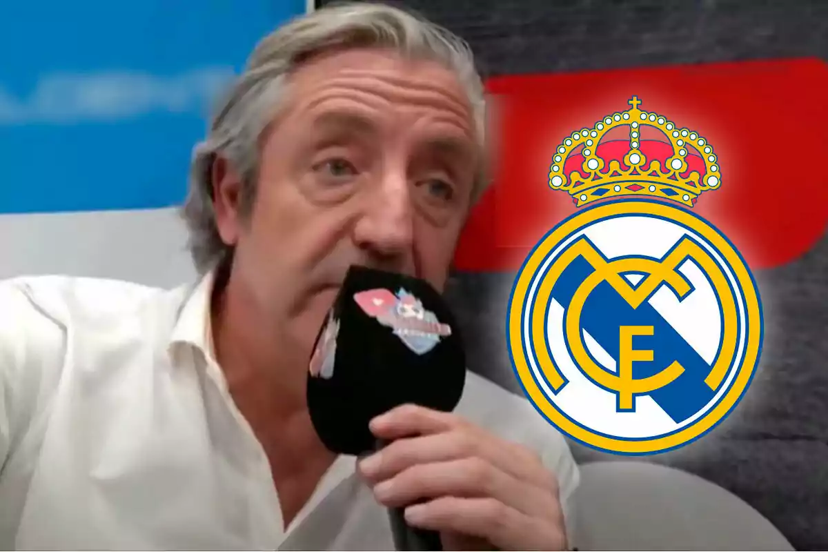 Josep Pedrerol con camisa blanca sosteniendo un micrófono, con el escudo del Real Madrid al fondo.