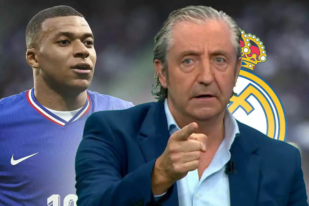 Pedrerol señala con el dedo, detrás Mbappé y el escudo del Real Madrid