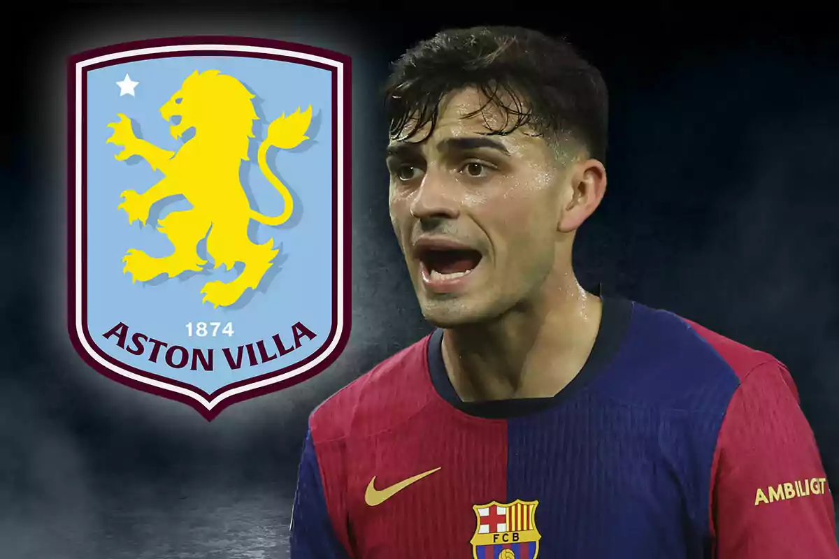 A player wearing a Barcelona jersey appears next to the Aston Villa crest.