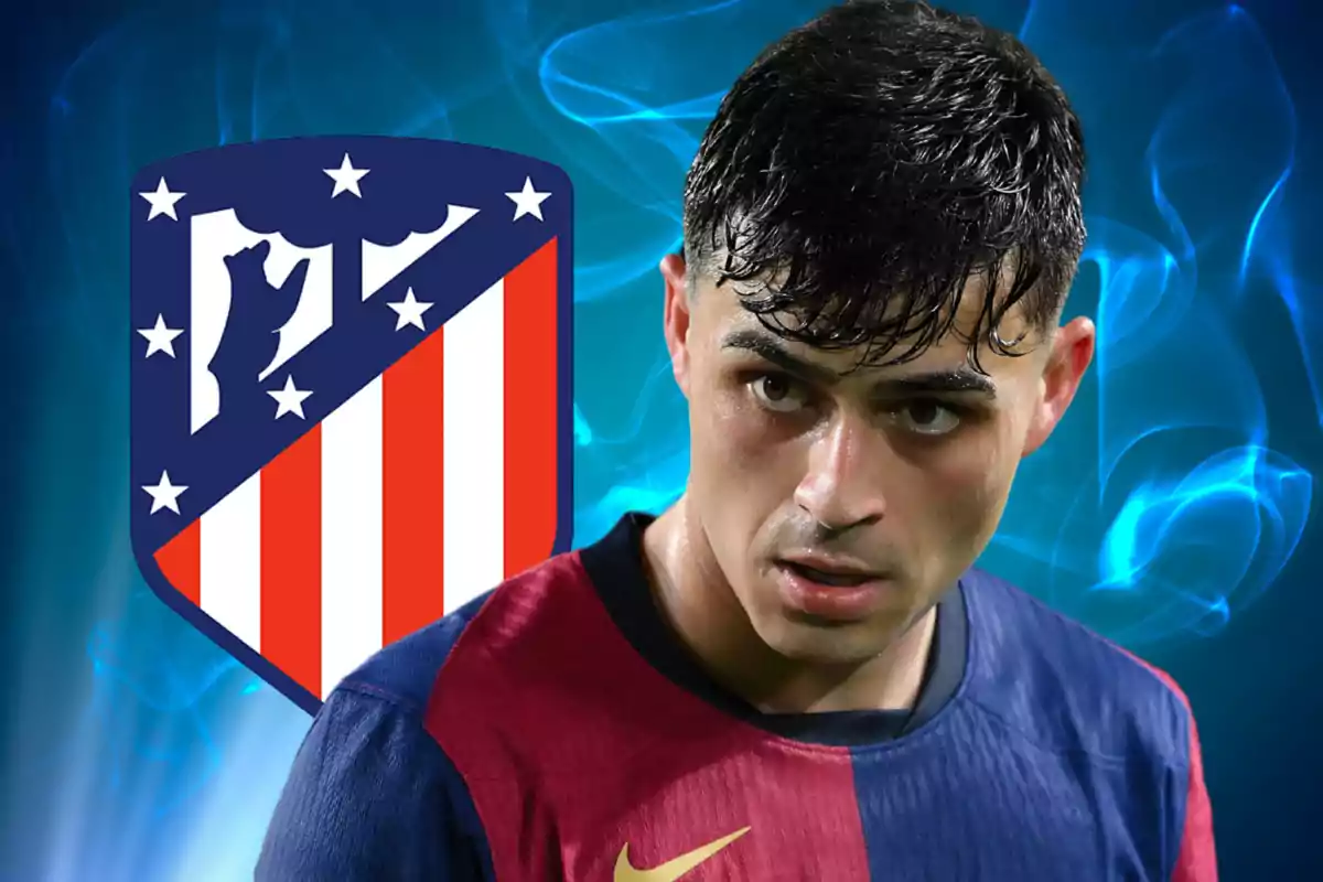 A player in a blue and red jersey appears in front of the Atlético de Madrid crest against a blue background.