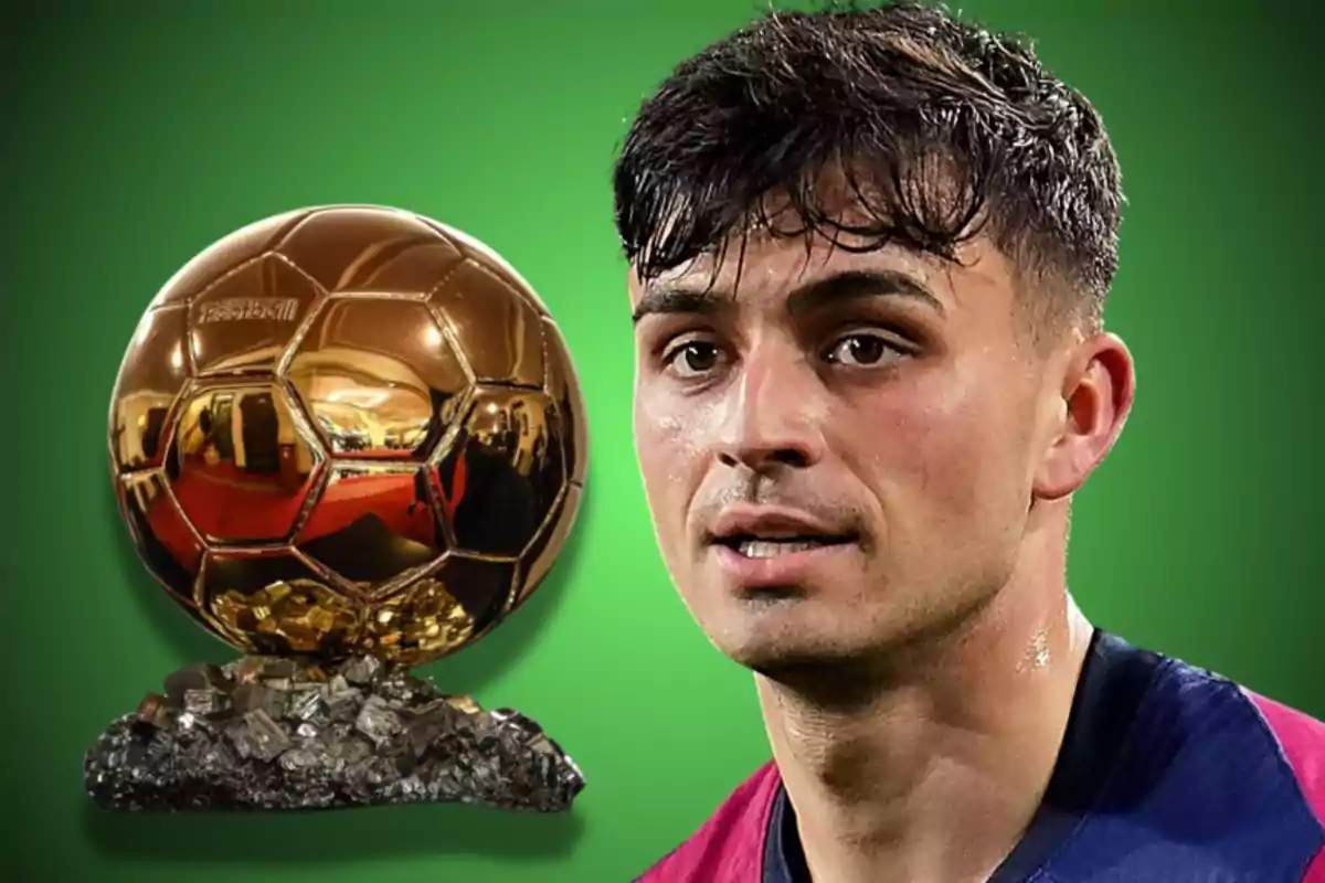 A player with a blue and red jersey next to a golden trophy on a green background.