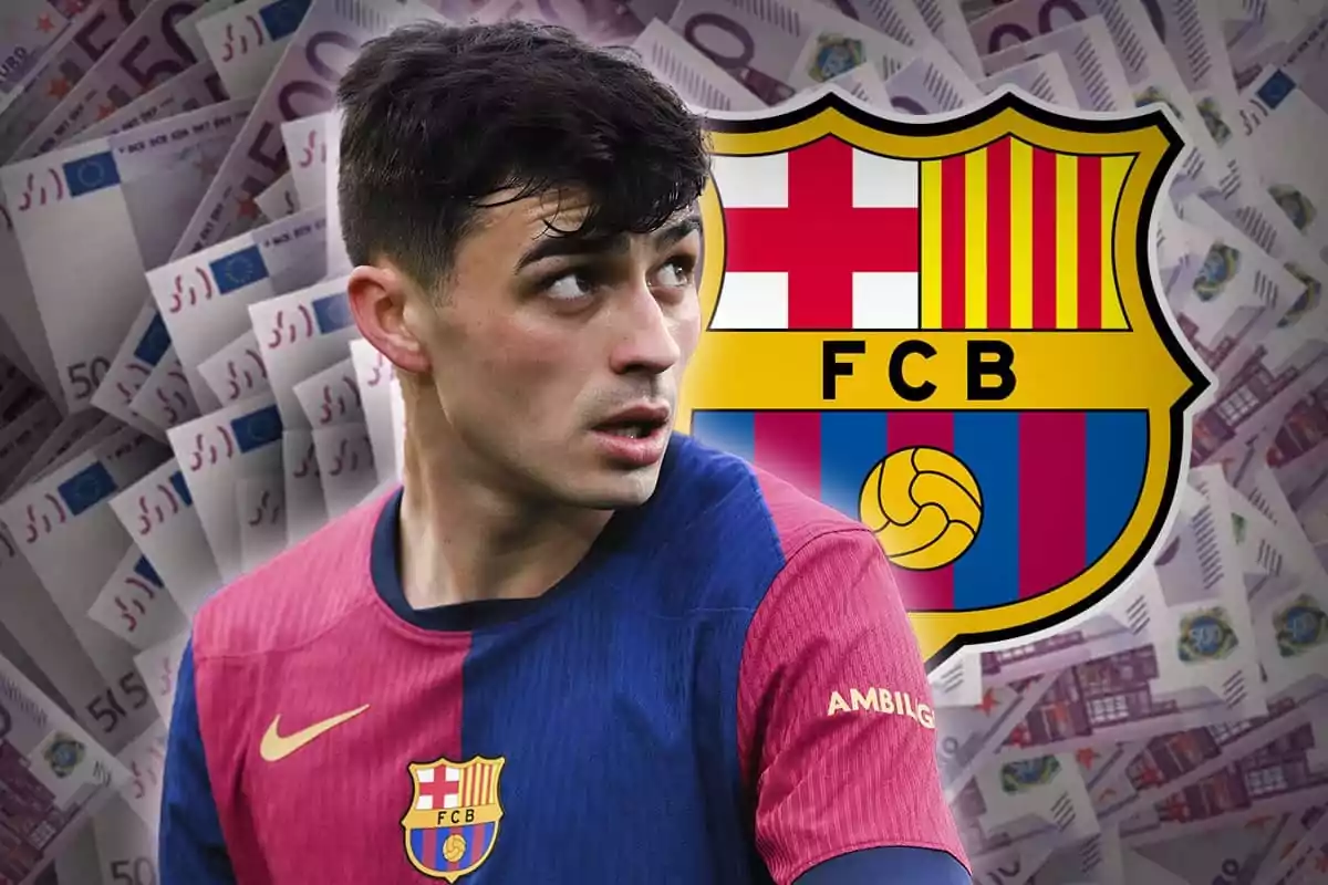 Un jugador de fútbol con la camiseta del FC Barcelona aparece en primer plano, con un fondo de billetes y el escudo del club detrás.