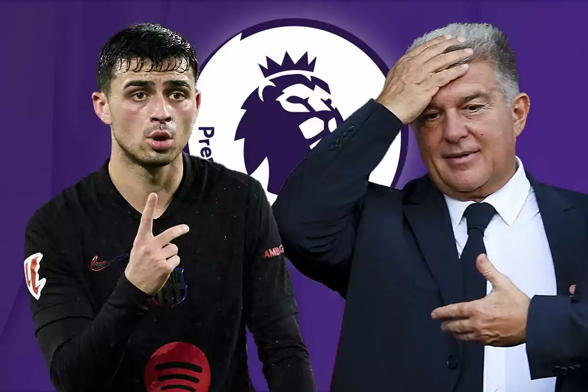 Pedri y Laporta están frente al logo de la Premier League.