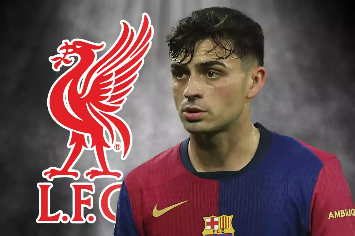 A player wearing the FC Barcelona jersey appears next to the Liverpool FC logo on a dark background.
