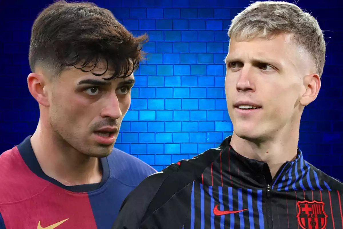 Two players wearing FC Barcelona jerseys in front of a blue brick background.