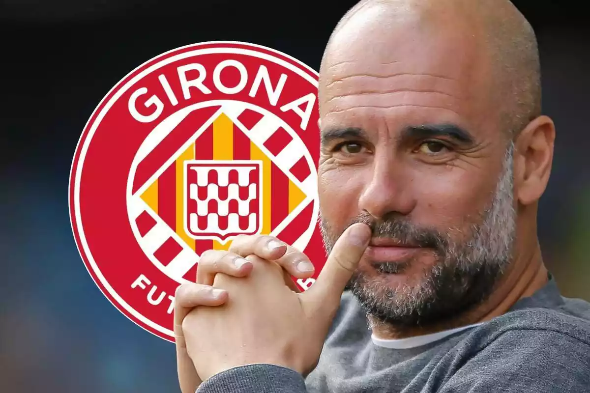 Montage of Pep Guardiola with the Girona shield