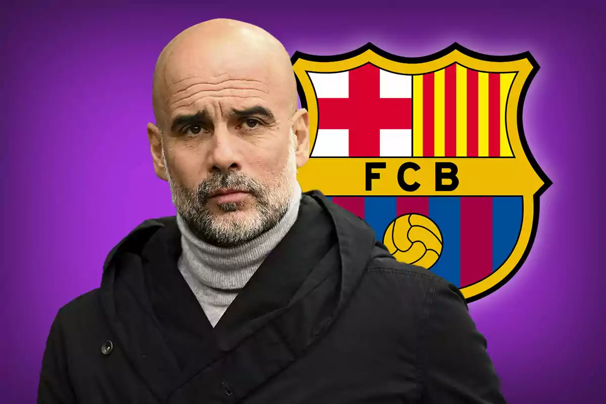 A bald man with a beard and a dark coat in front of the FC Barcelona crest against a purple background.