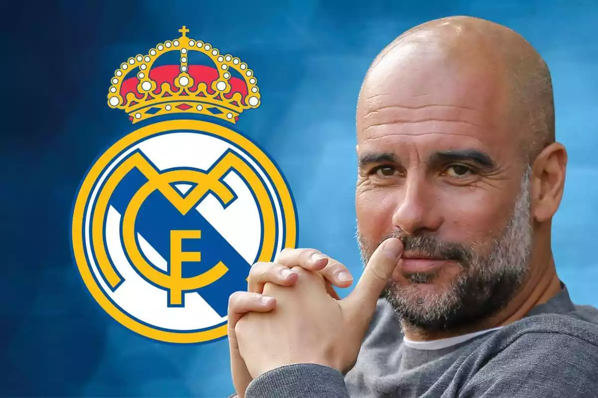 Montage of Pep Guardiola with the Real Madrid shield