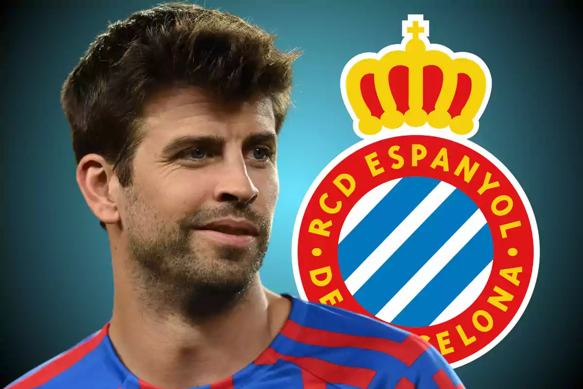 A man with a blue and red jersey in front of the RCD Espanyol crest.