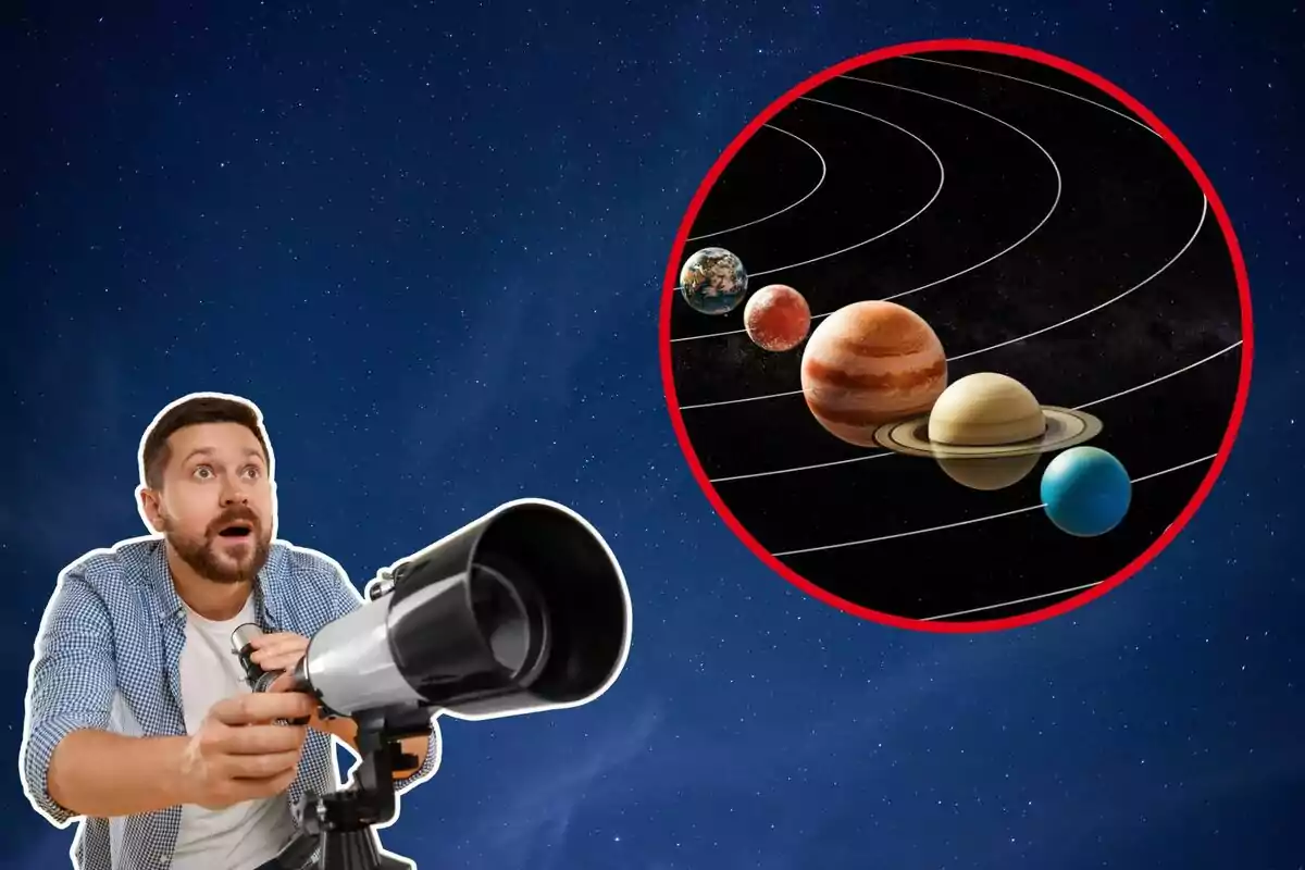 A man looks at the solar system through a telescope with an expression of wonder, while the background shows a starry sky. A man looks at the solar system through a telescope with an expression of wonder, while the background shows a starry sky.