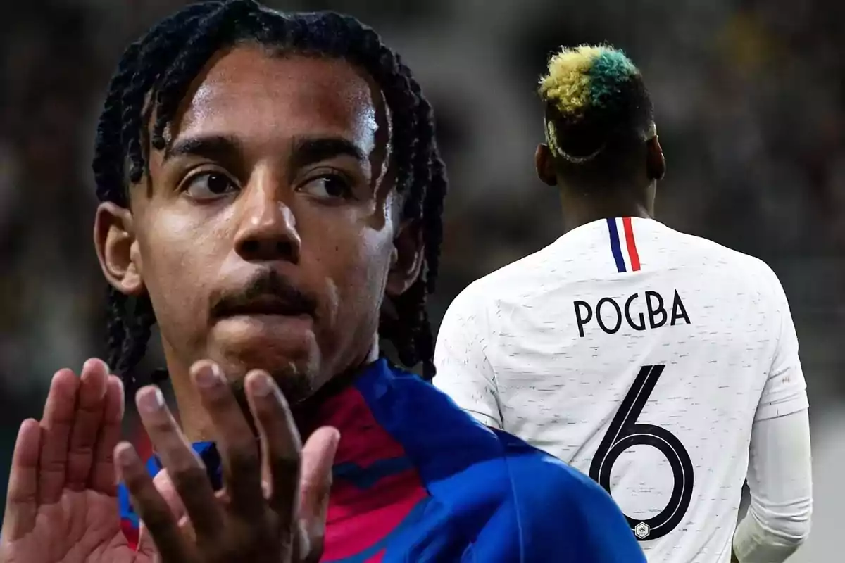 A soccer player with a braid in the foreground and another with his back turned with the name "Pogba" on his jersey.