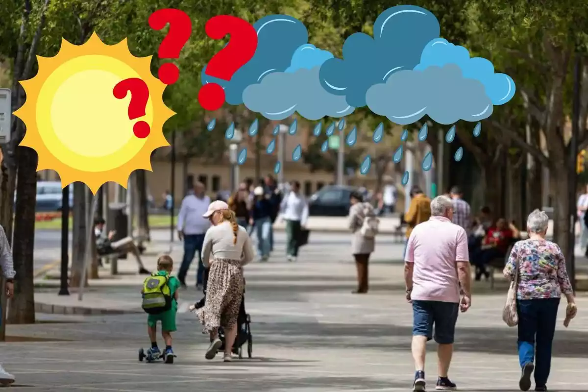 Imagen de fondo de varias personas paseando por Palma de Mallorca con emoticonos de sol, nubes y un interrogante