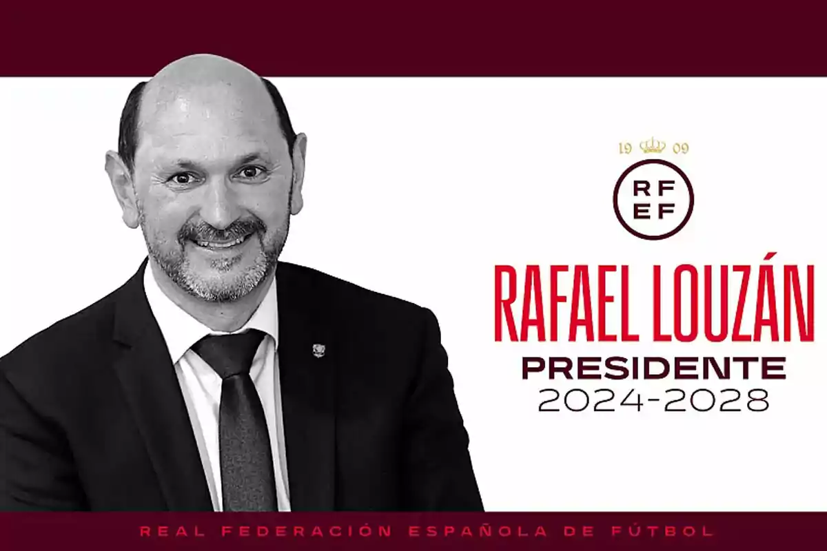 Smiling Rafael Louzán in a suit and tie next to the text Smiling Rafael Louzán in a suit and tie next to the text