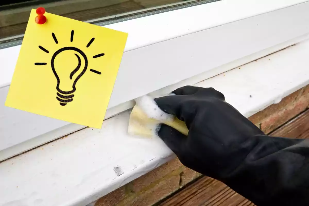 Mano con guante negro limpiando una superficie blanca con una esponja y un post-it amarillo con un dibujo de una bombilla.