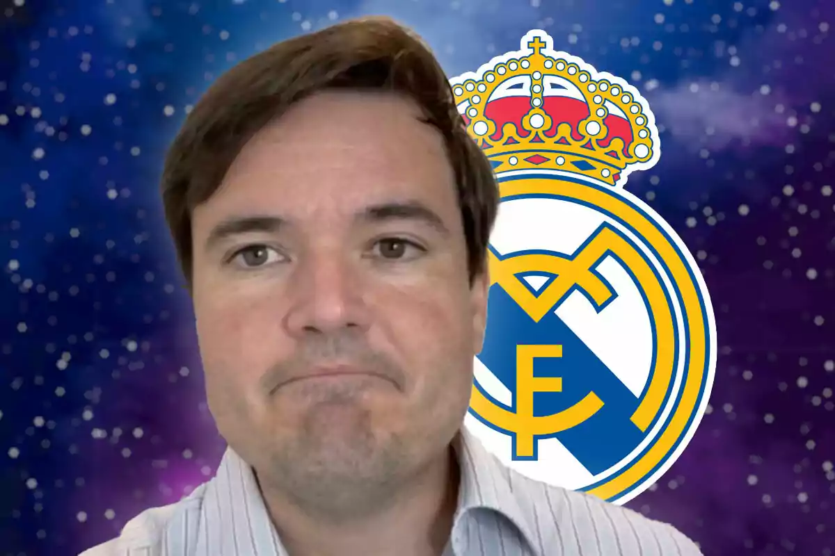 Ramón Álvarez de Mon with a serious expression in front of the Real Madrid logo on a starry background.