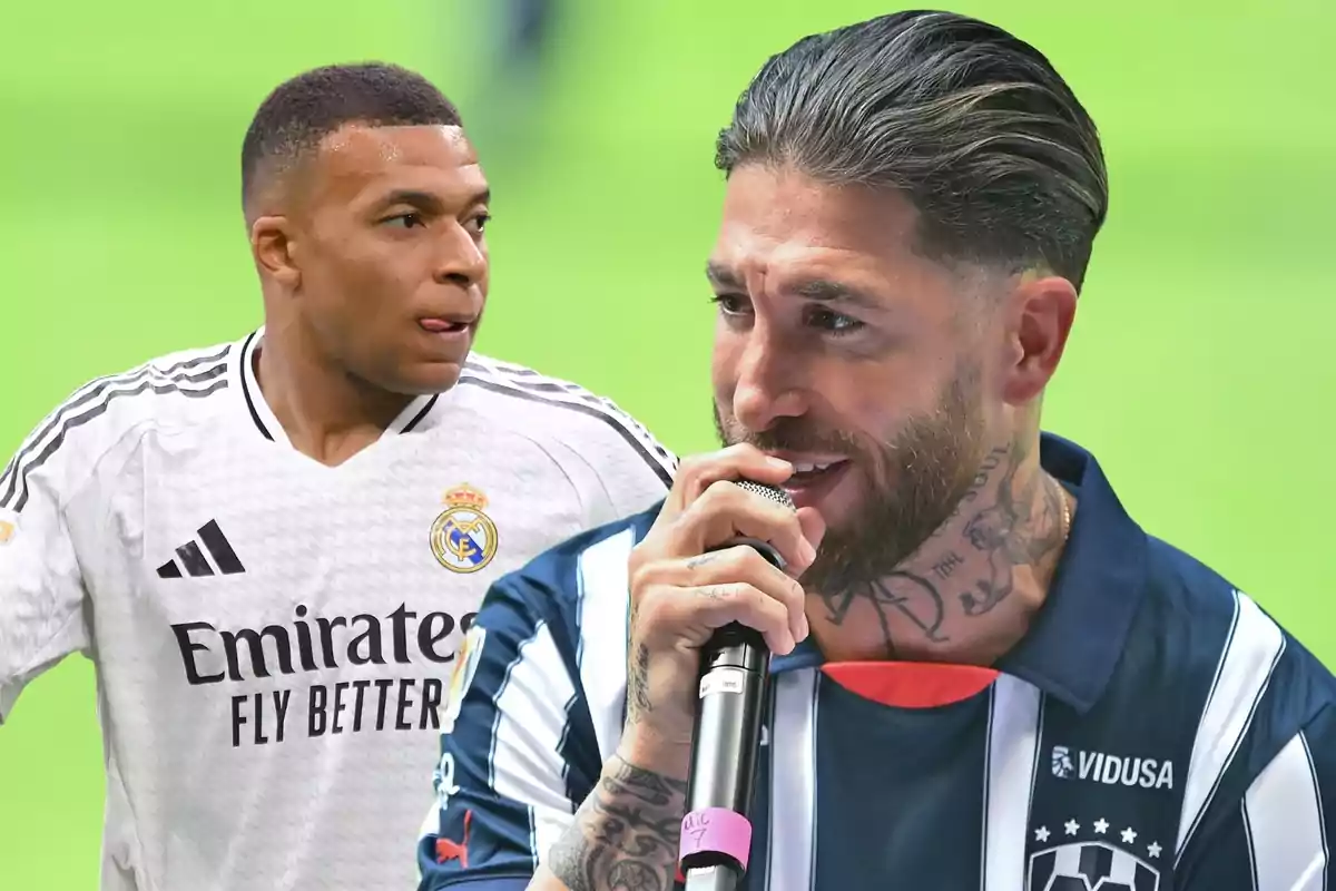 Dos futbolistas aparecen en la imagen uno con el uniforme blanco del Real Madrid y otro con el uniforme de rayas de Monterrey mientras sostiene un micrófono
