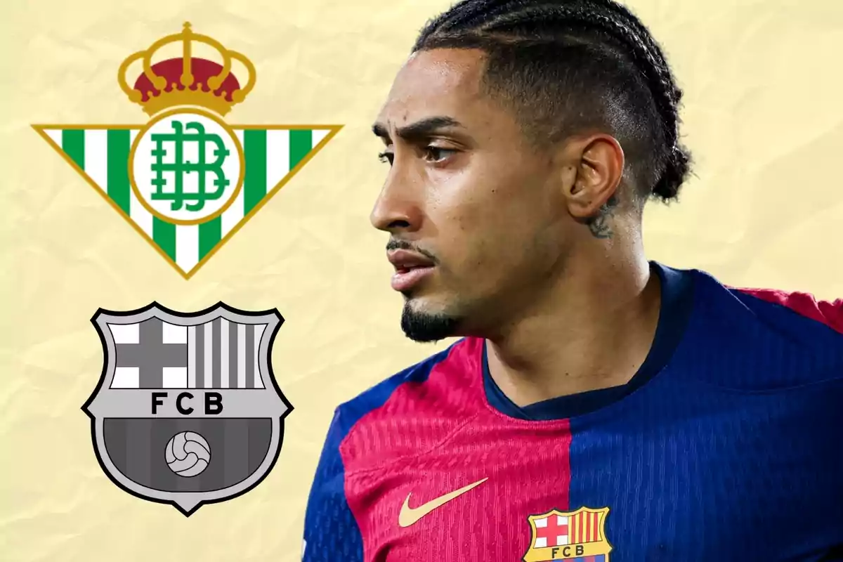 Un jugador de fútbol con la camiseta del FC Barcelona aparece junto a los escudos del Real Betis y del FC Barcelona.