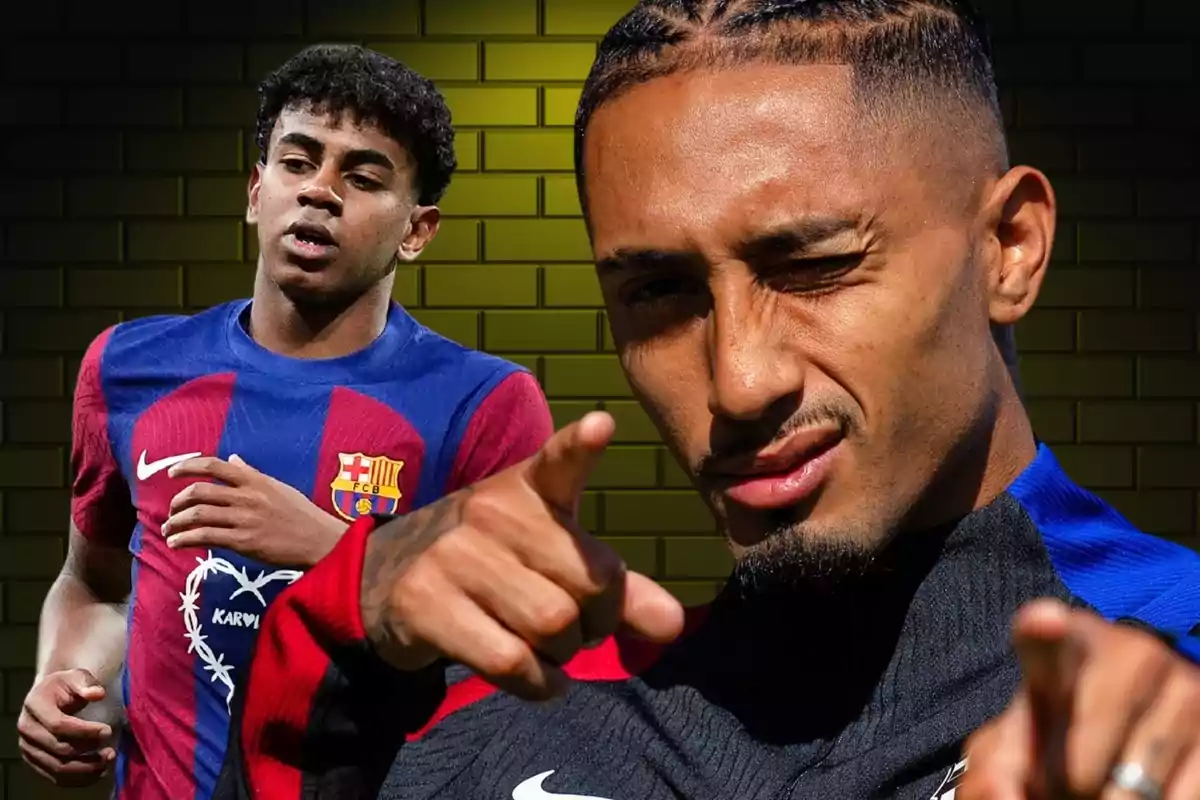 Two soccer players wearing FC Barcelona jerseys pose in front of a yellow brick background.