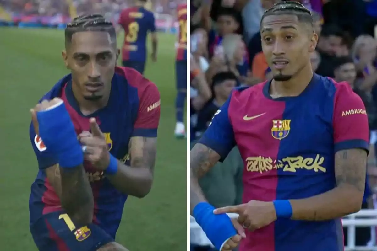 Un jugador de fútbol con el uniforme del FC Barcelona está en el campo, lleva una venda azul en la mano y parece estar haciendo un gesto con las manos.