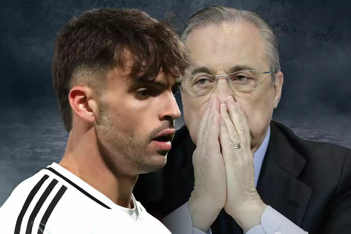 Raúl Asencio in a sports jersey and Florentino Pérez in a suit and glasses, both with serious expressions against a dark background.