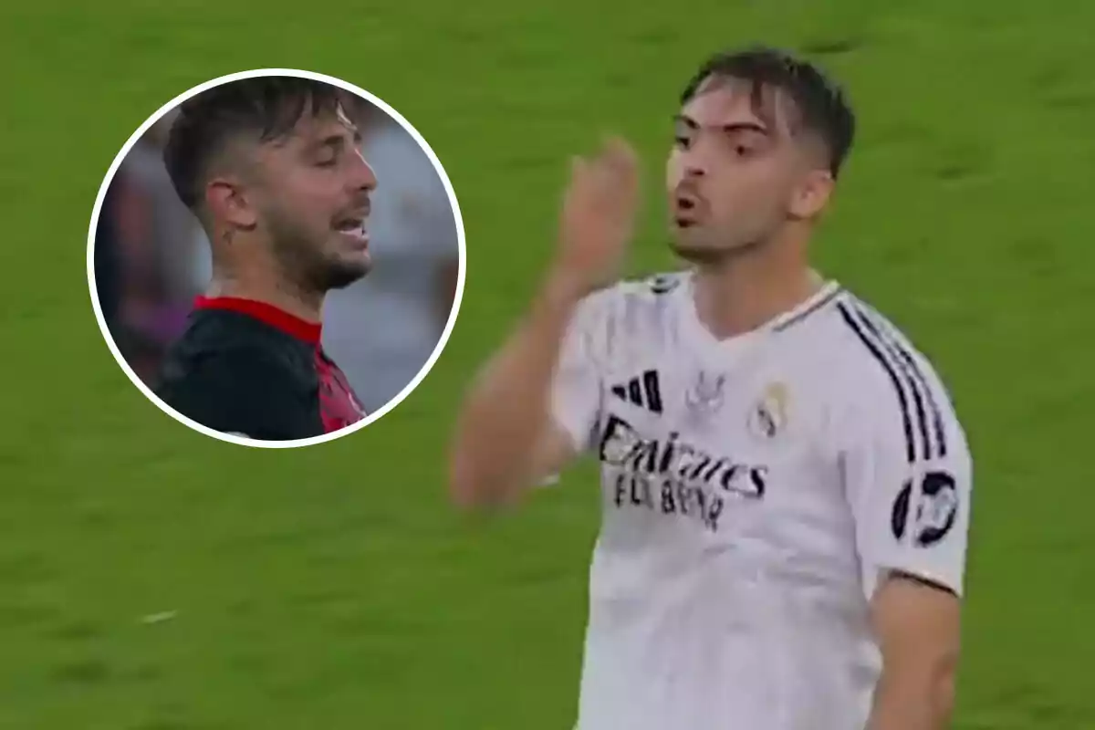 A Real Madrid soccer player gestures on the field as another player appears in a circle in the upper left corner.