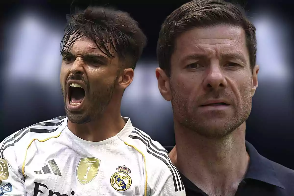 Un futbolista del Real Madrid celebrando con energía junto a un hombre de expresión seria en el fondo