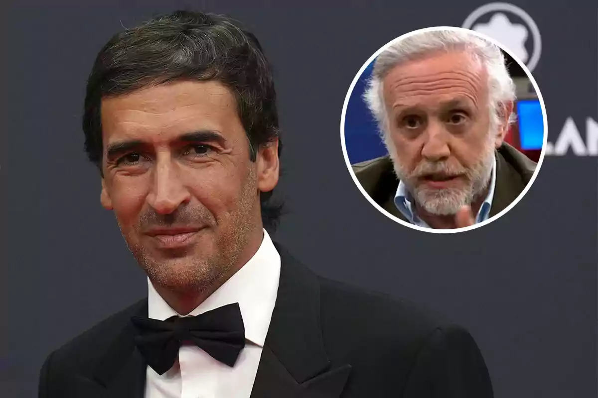 A man in a tuxedo at a formal event with an inset showing another older man with a beard.