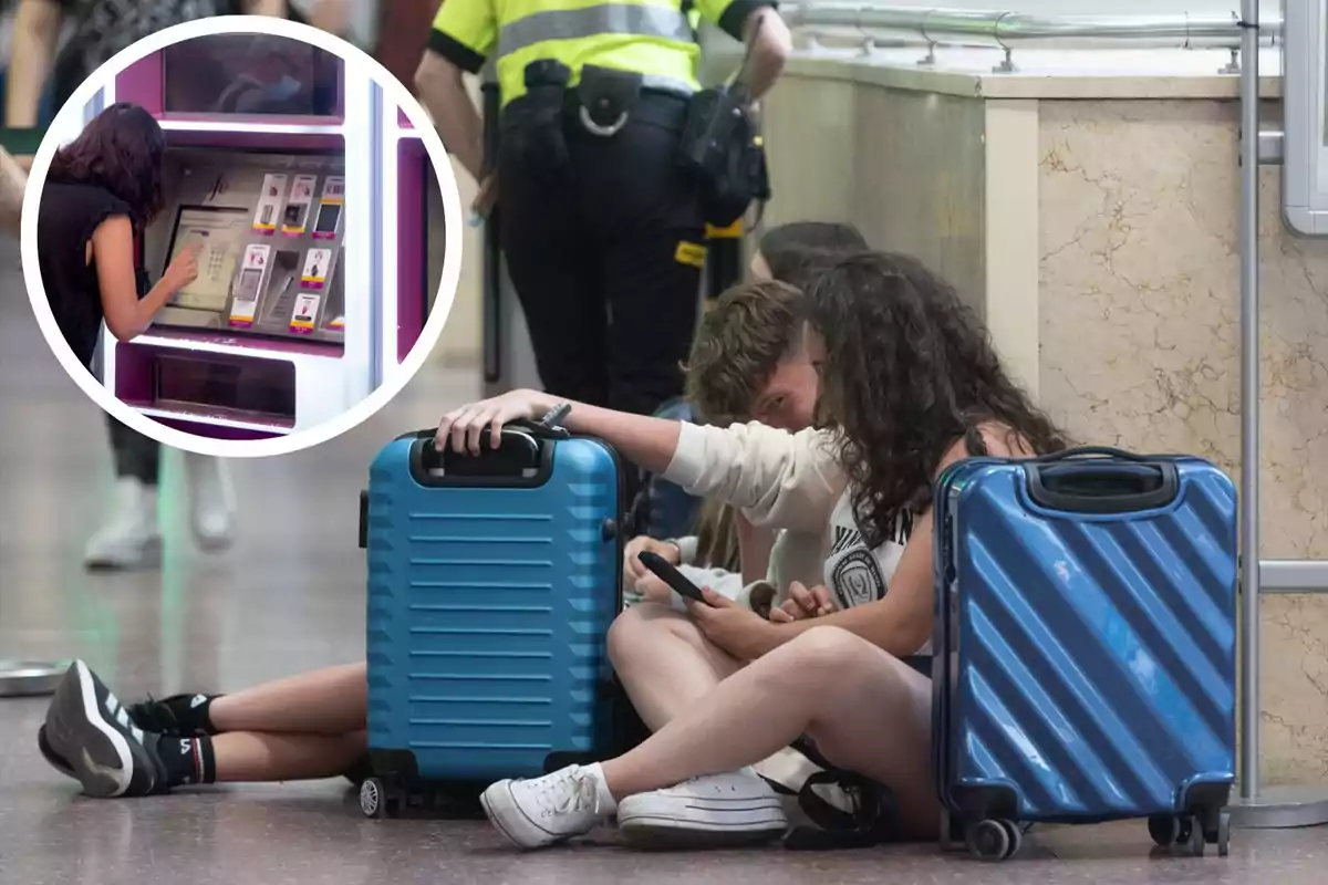 Personas sentadas en el suelo de una estación con maletas, mientras una mujer usa una máquina expendedora.