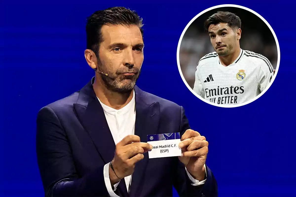 Buffon sosteniendo un papel con el nombre del Real Madrid C.F. y la imagen de Brahim en la esquina superior derecha.