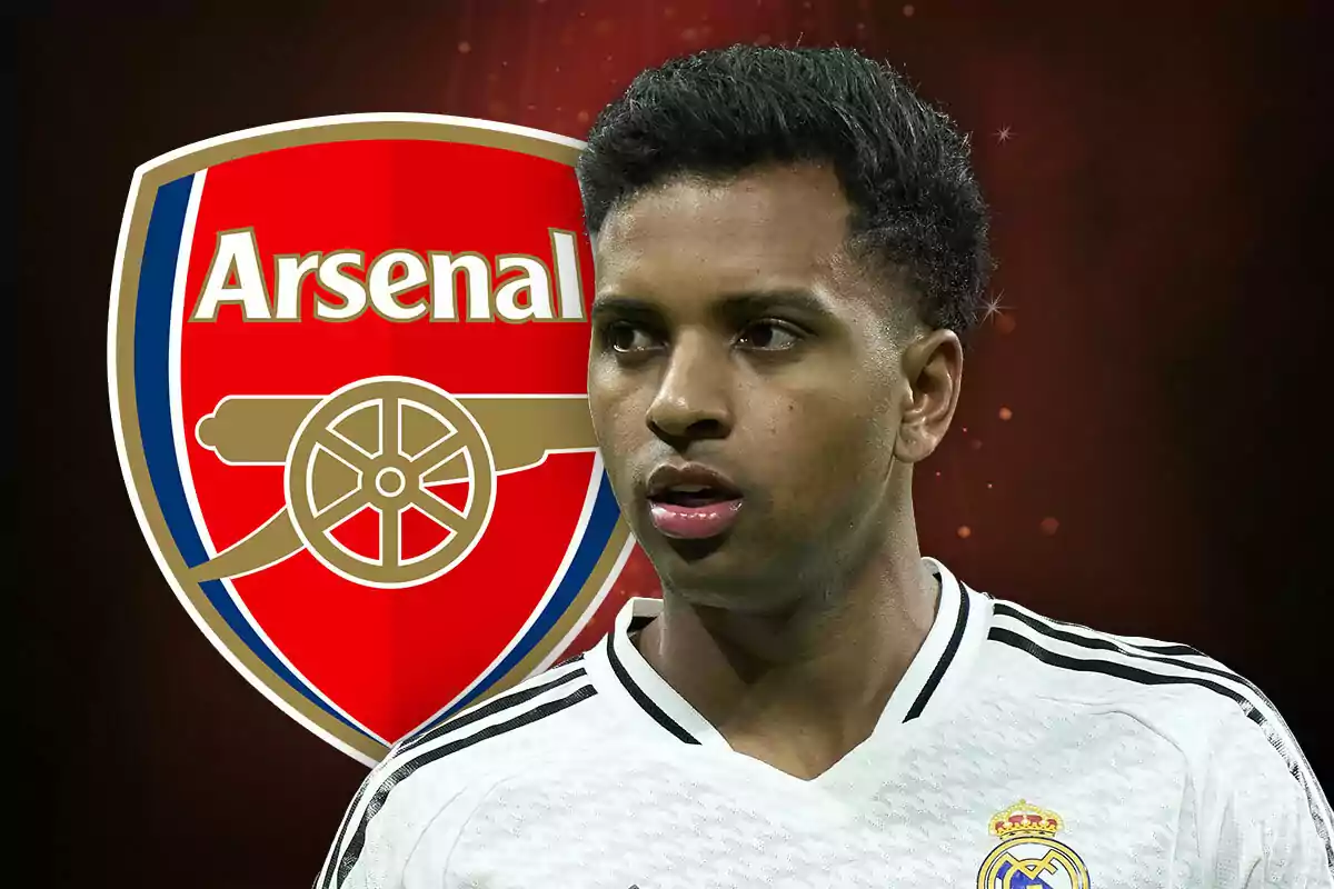 A player wearing the Real Madrid jersey appears in front of the Arsenal crest. A player wearing the Real Madrid jersey appears in front of the Arsenal crest.