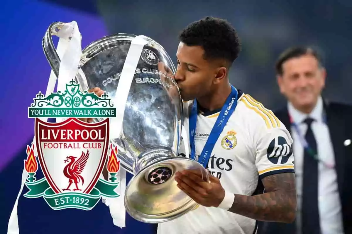 Rodrygo besa la Champions, encima el escudo del Liverpool