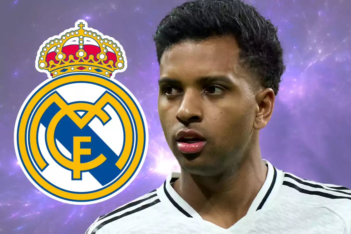 Jugador de fútbol con camiseta blanca junto al escudo del Real Madrid sobre un fondo morado.