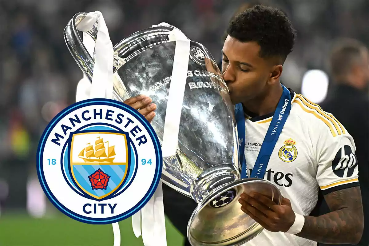 Rodrygo besa la Champions, a su lado, el escudo del Manchester City