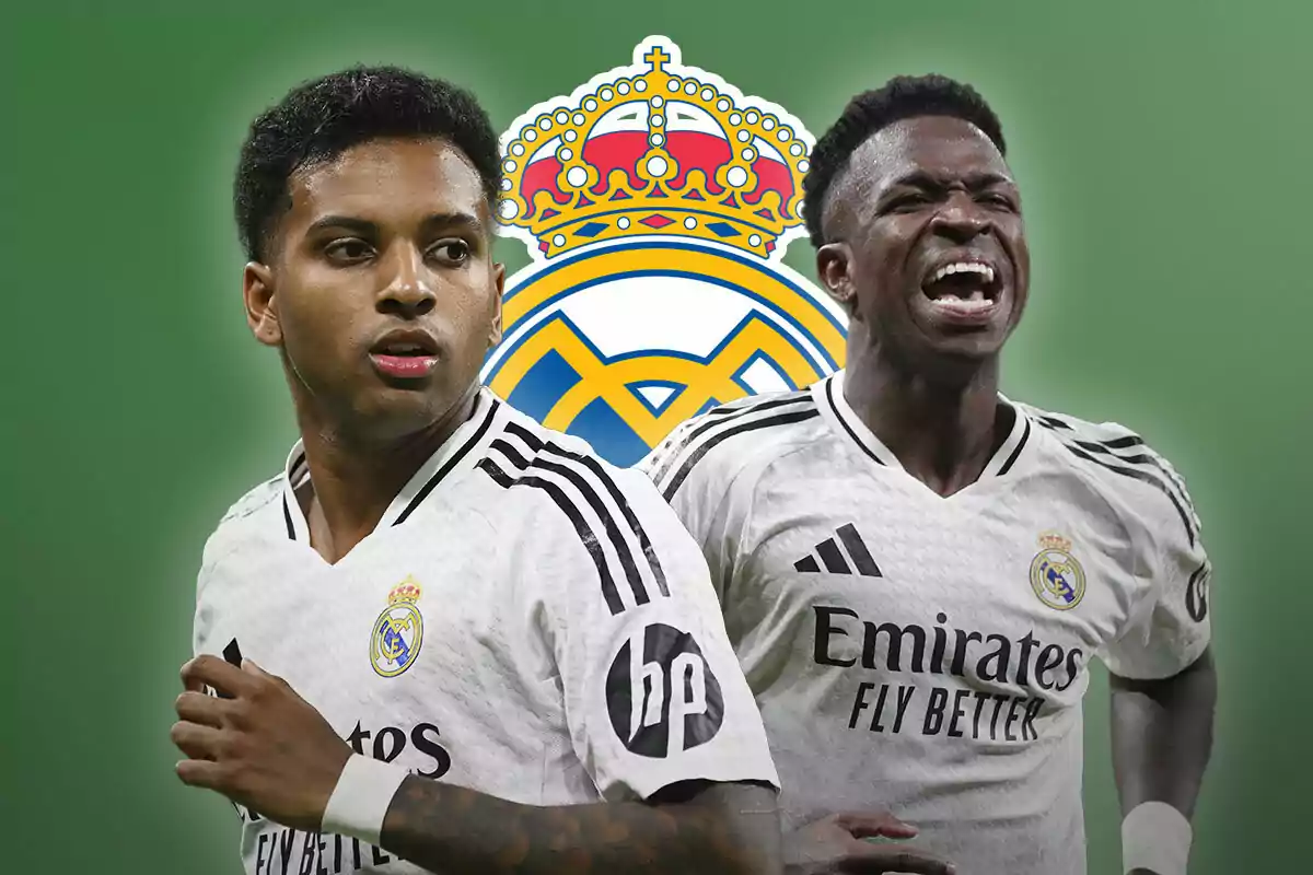 Rodrygo Goes y Vinícius Júnior con el uniforme del Real Madrid frente al escudo del equipo sobre un fondo verde.