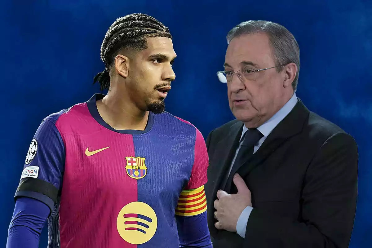 A player in an FC Barcelona uniform next to a man in a suit against a blue background.