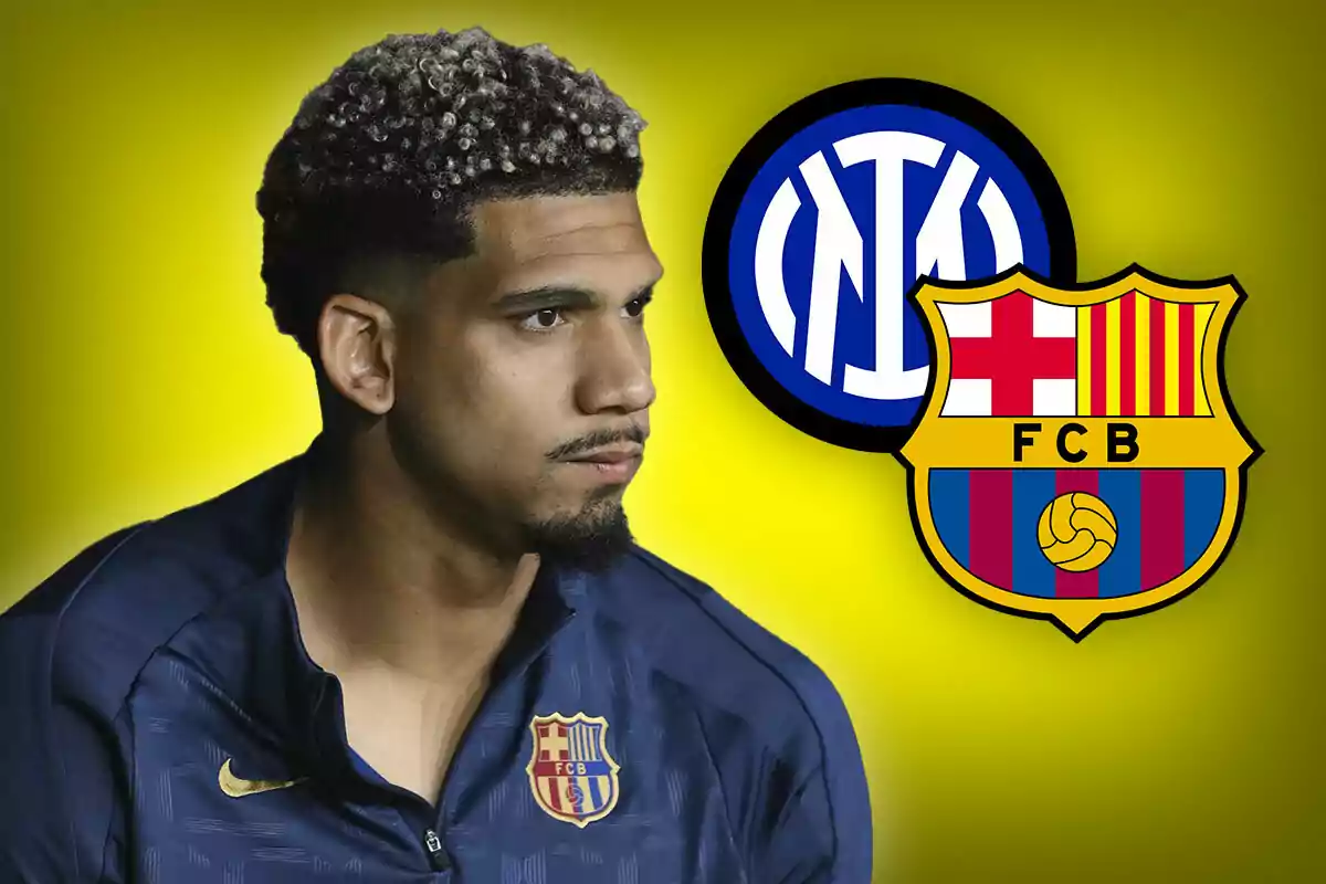 A player in an FC Barcelona jacket appears in front of the Inter Milan and FC Barcelona logos on a yellow background.