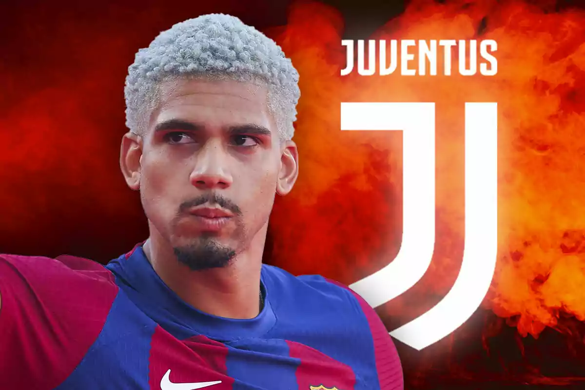 Ronald Araújo con cabello claro y uniforme azul y rojo aparece frente a un fondo con el logo de la Juventus y un efecto de humo naranja.